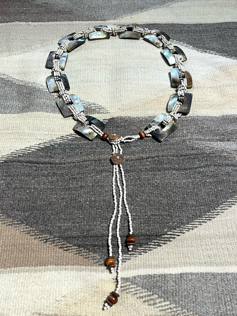 Vintage Mother of Pearl Abalone Shell Iridescent Beaded Lariat Slung Boho Belt